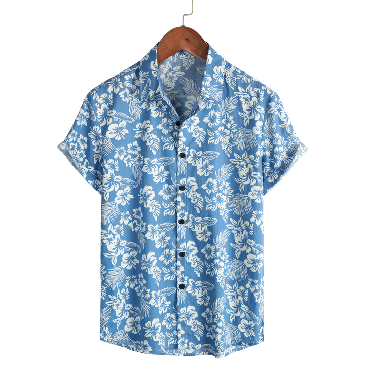 Hawaiian Shirt with Short Sleeves and Floral Pattern