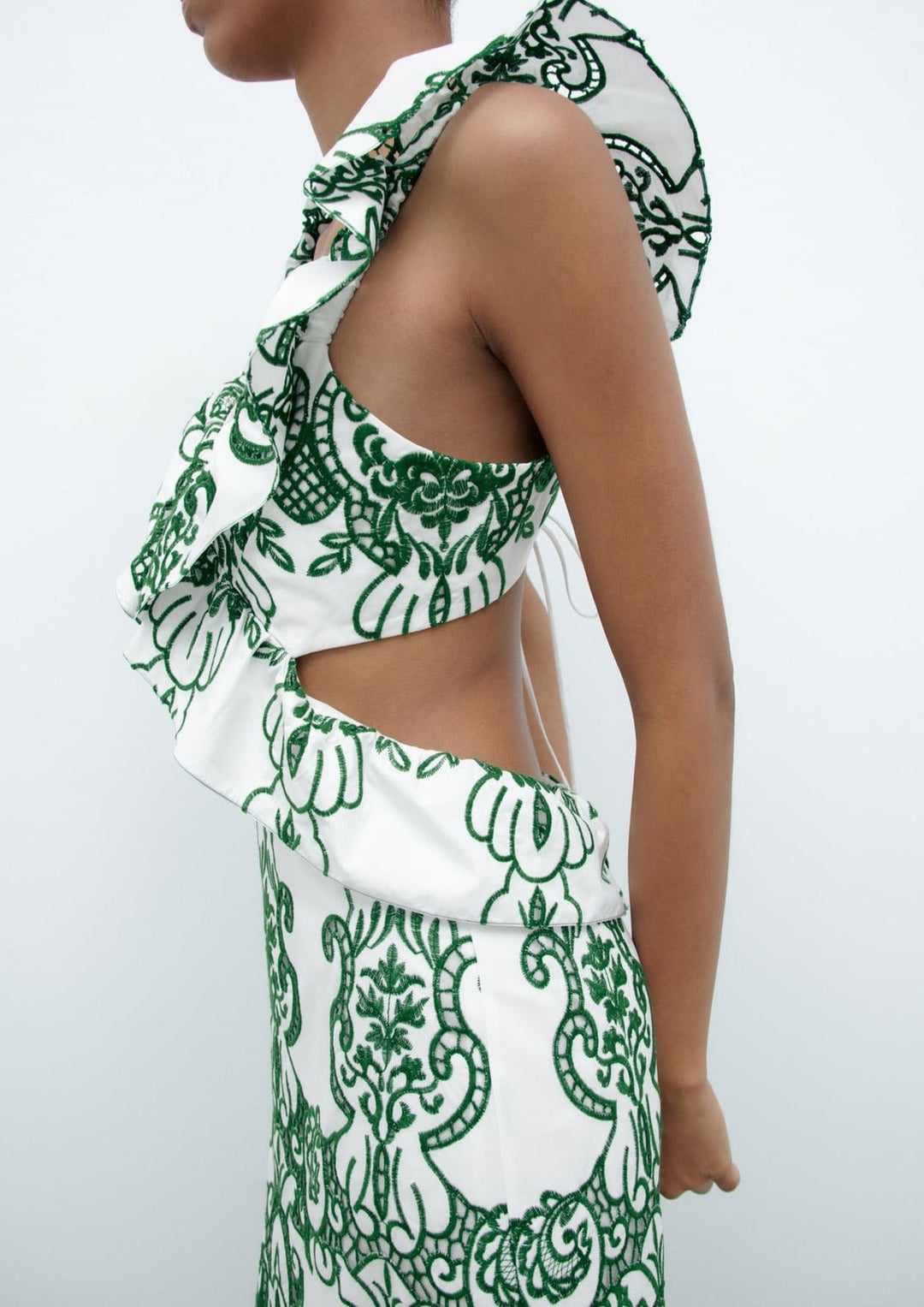 Amalia | Long Cotton Summer Dress with Open Back – White-Green