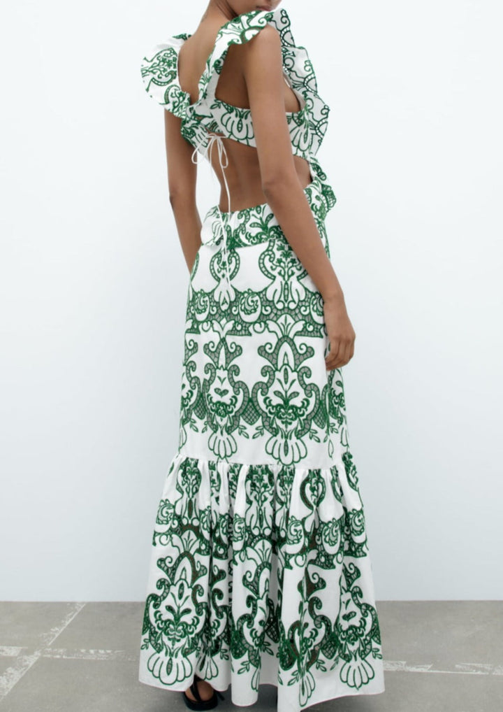 Amalia | Long Cotton Summer Dress with Open Back – White-Green