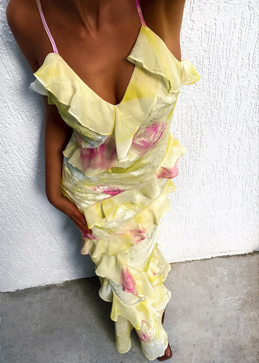 Mea | Yellow Chiffon Maxi Dress with Ruffles