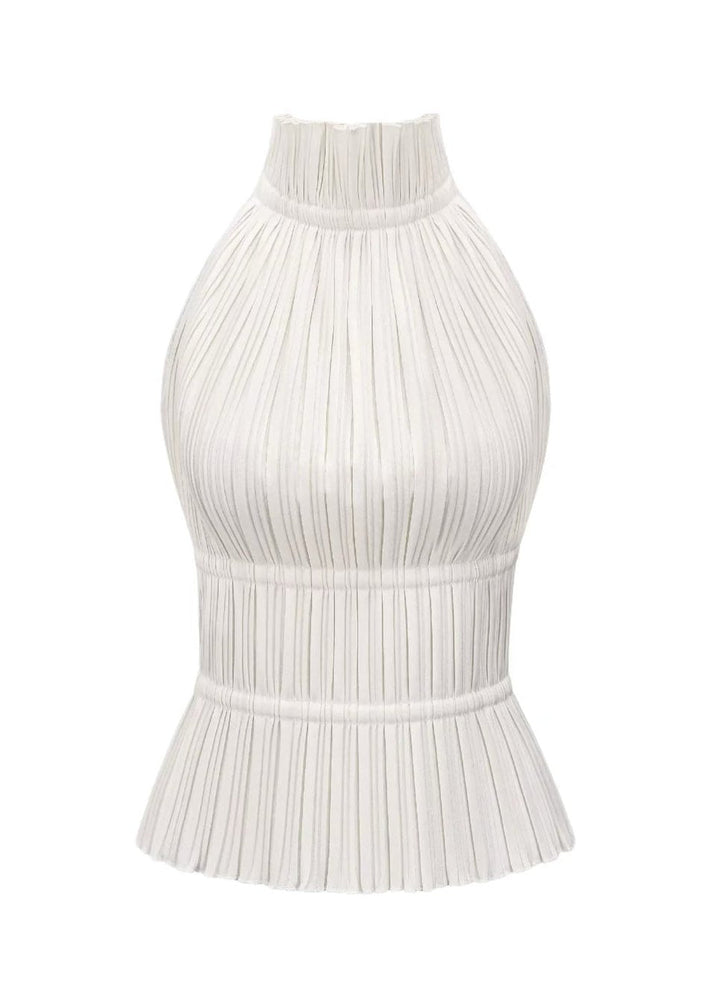 Nolana | White Pleated Backless Top – Racer Neck Design with Ruffles
