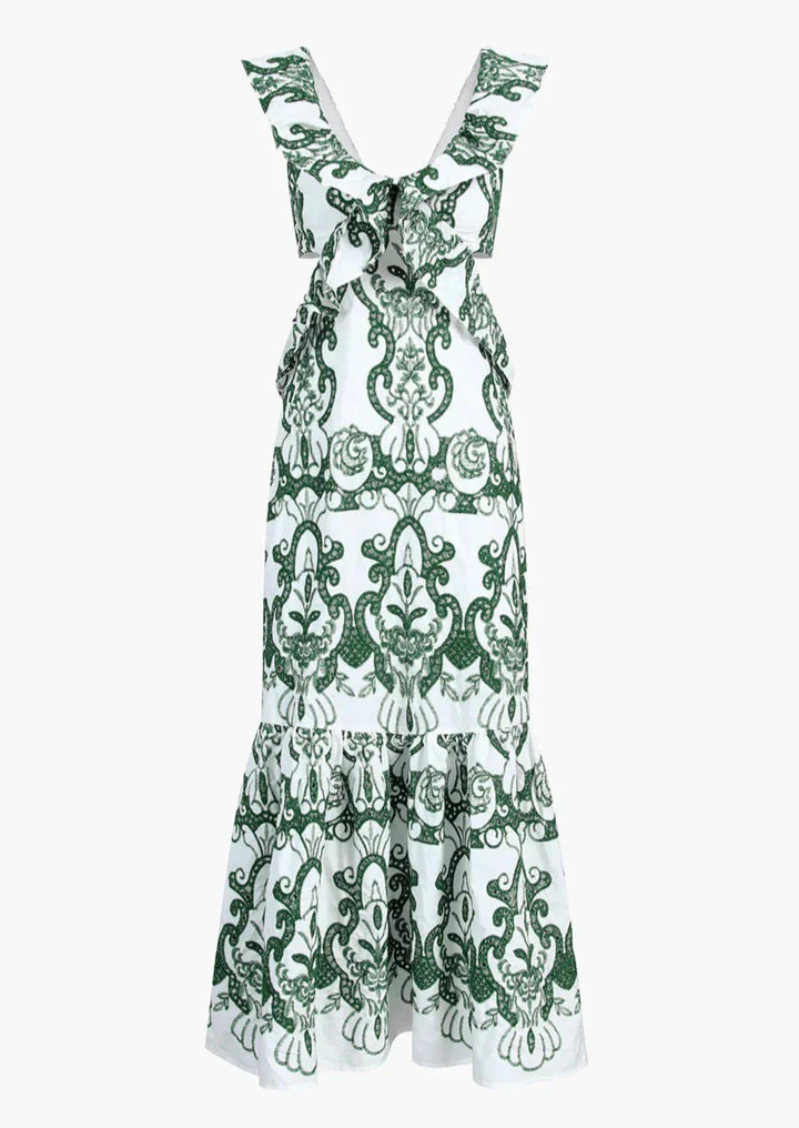 Amalia | Long Cotton Summer Dress with Open Back – White-Green