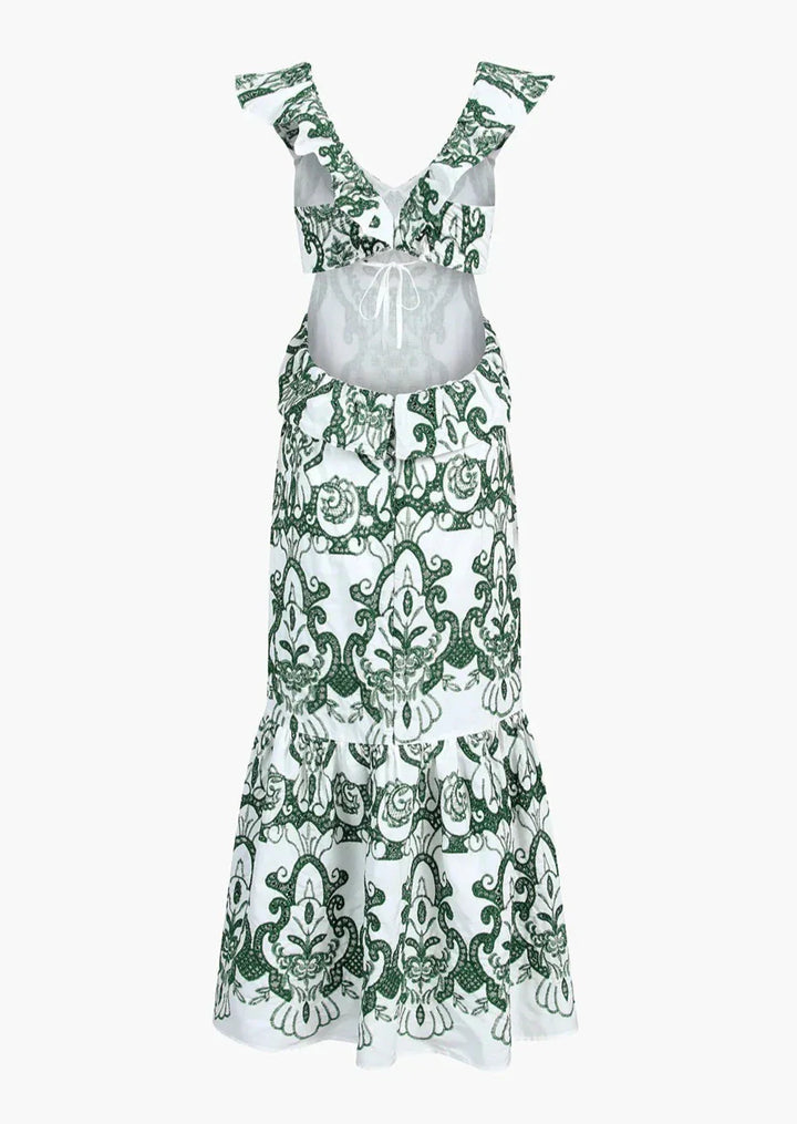 Amalia | Long Cotton Summer Dress with Open Back – White-Green