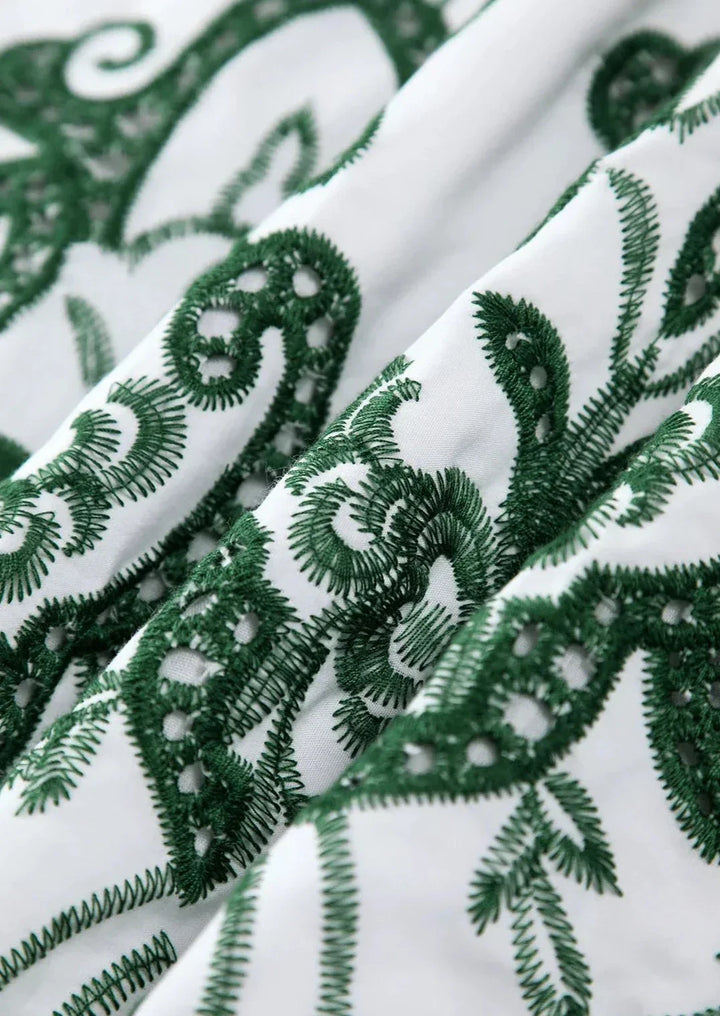 Amalia | Long Cotton Summer Dress with Open Back – White-Green