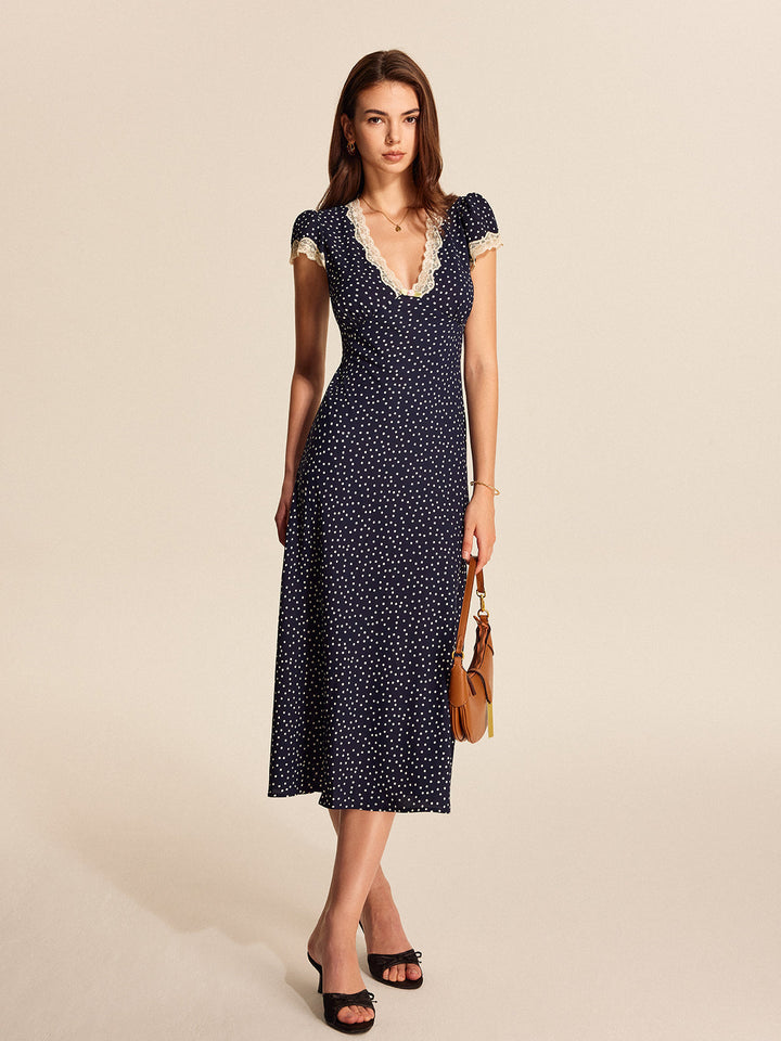 Casey | Polkadot Midi Dress with Lace and Puff Sleeves