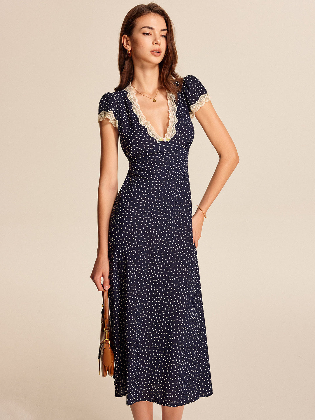Casey | Polkadot Midi Dress with Lace and Puff Sleeves