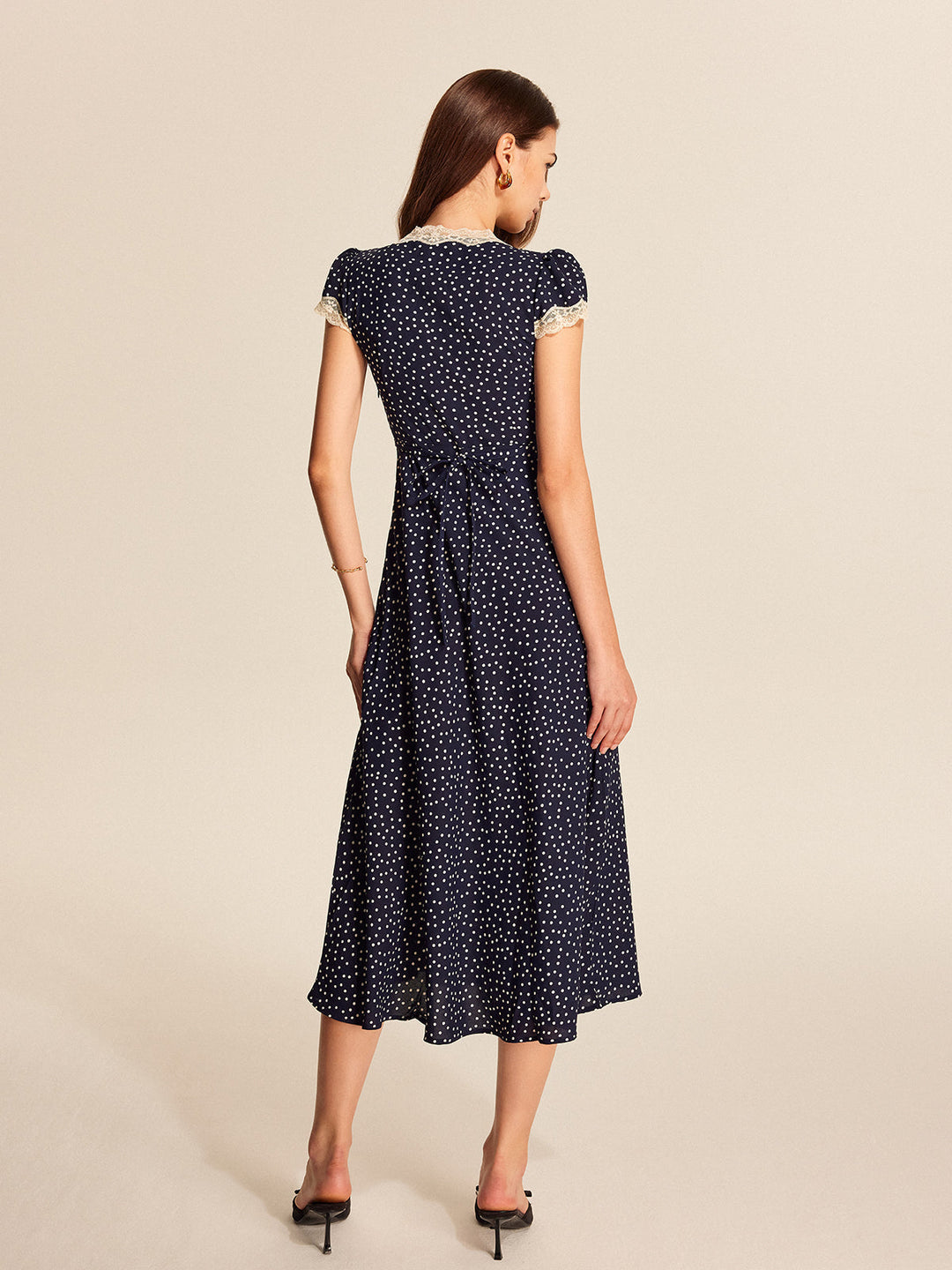 Casey | Polkadot Midi Dress with Lace and Puff Sleeves