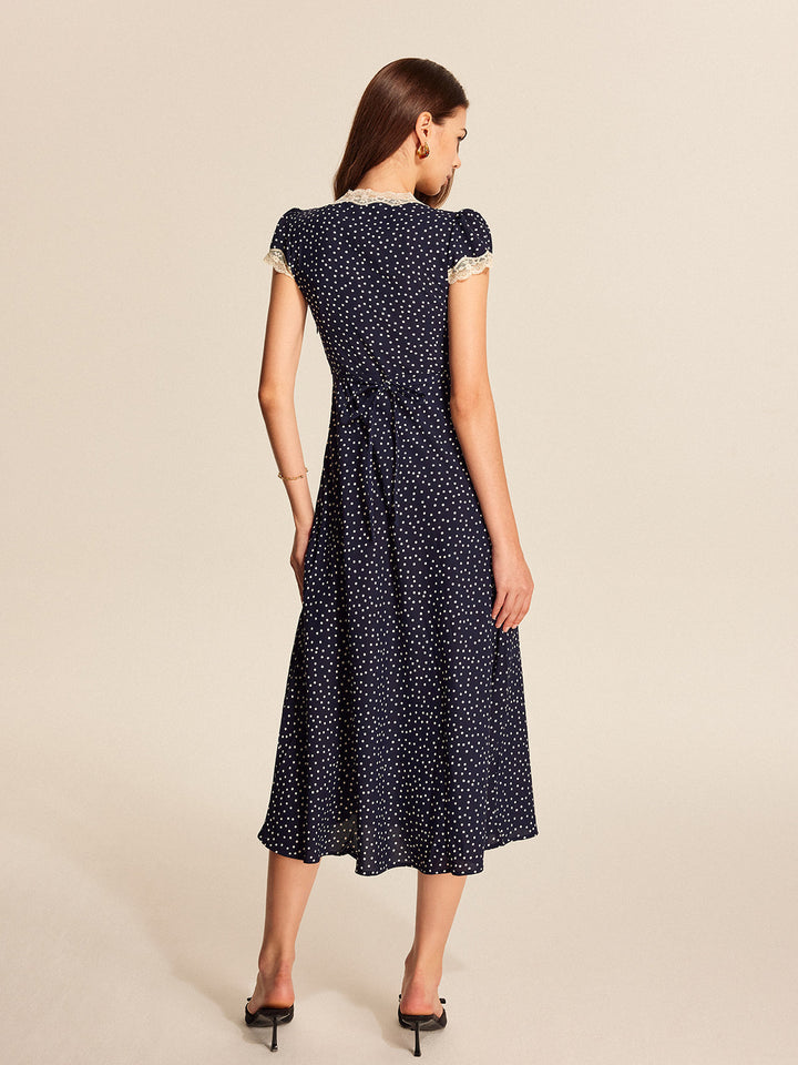 Casey | Polkadot Midi Dress with Lace and Puff Sleeves