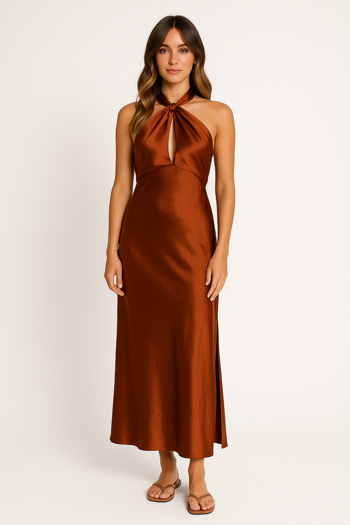 Nishel | Satin Maxi Halter Dress with Split