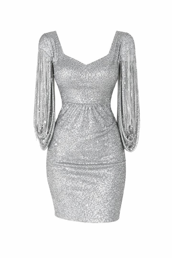 Jolie-Anne | Sparkling Midi Evening Dress - Striking Ruffle Sleeves, Sequin Design