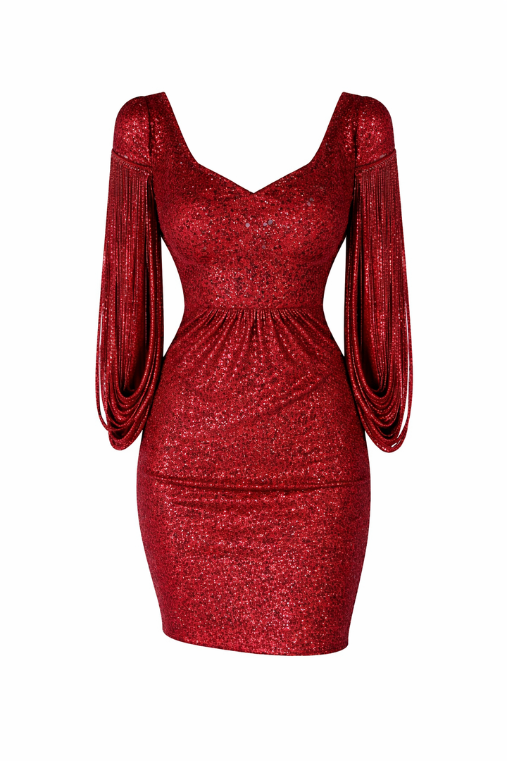 Jolie-Anne | Sparkling Midi Evening Dress - Striking Ruffle Sleeves, Sequin Design