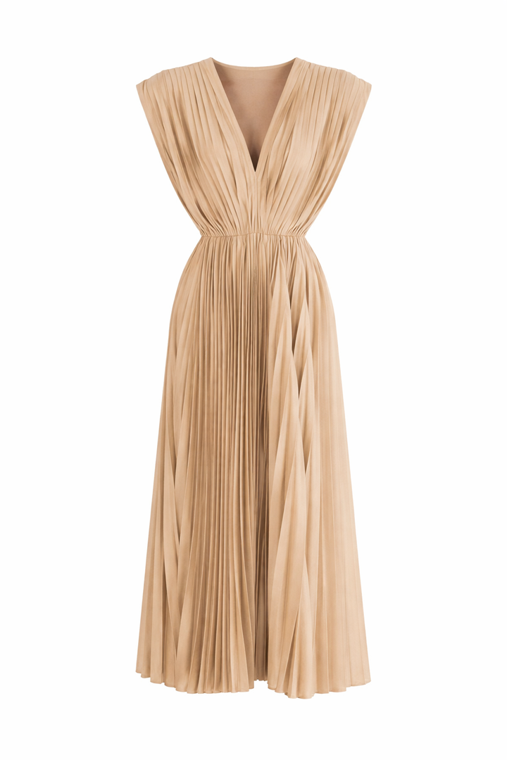 Demia | Elegant Ladies' Midi Dress with Pleated Skirt – V-Neck