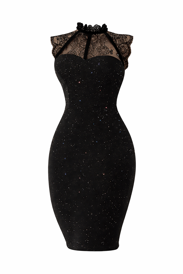 Suki | Ladies Glitter Midi Dress - Stylishly Finished with Lace