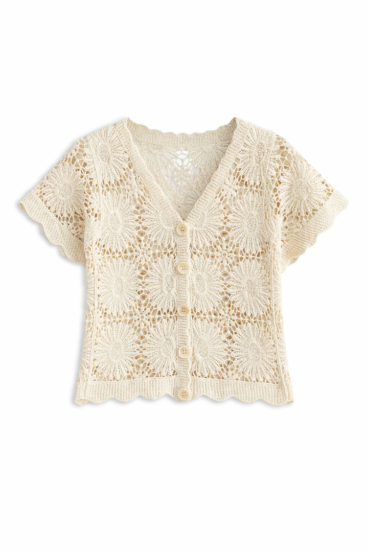 Isma | Trendy Top - Knitted Cardigan with Flowers & Buttons – Cotton Blend