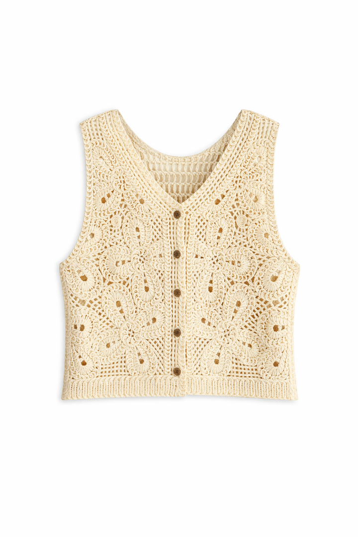 Gidi | Crocheted Cotton Sleeveless Ladies' Cardigan with Button Closure