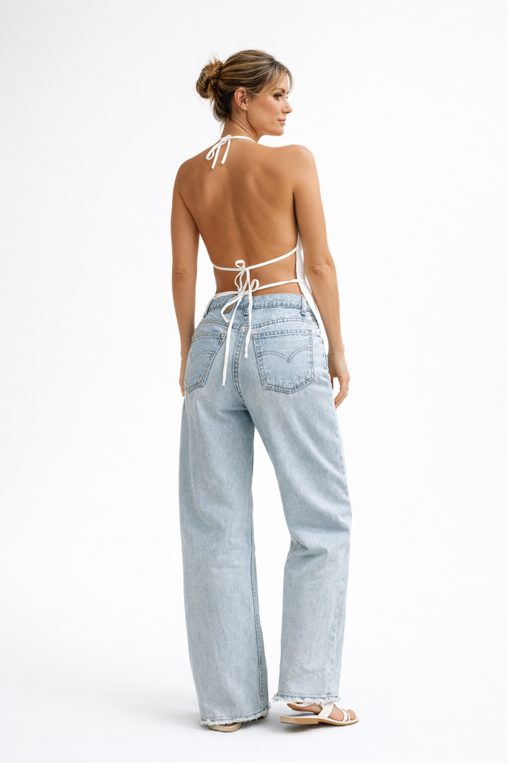 Nolana | White Pleated Backless Top – Racer Neck Design with Ruffles