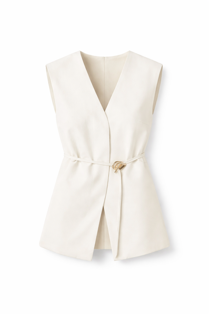 Erlene | Women's Sleeveless V-Neck Waistcoat with Belt – Long Model and Comfortable
