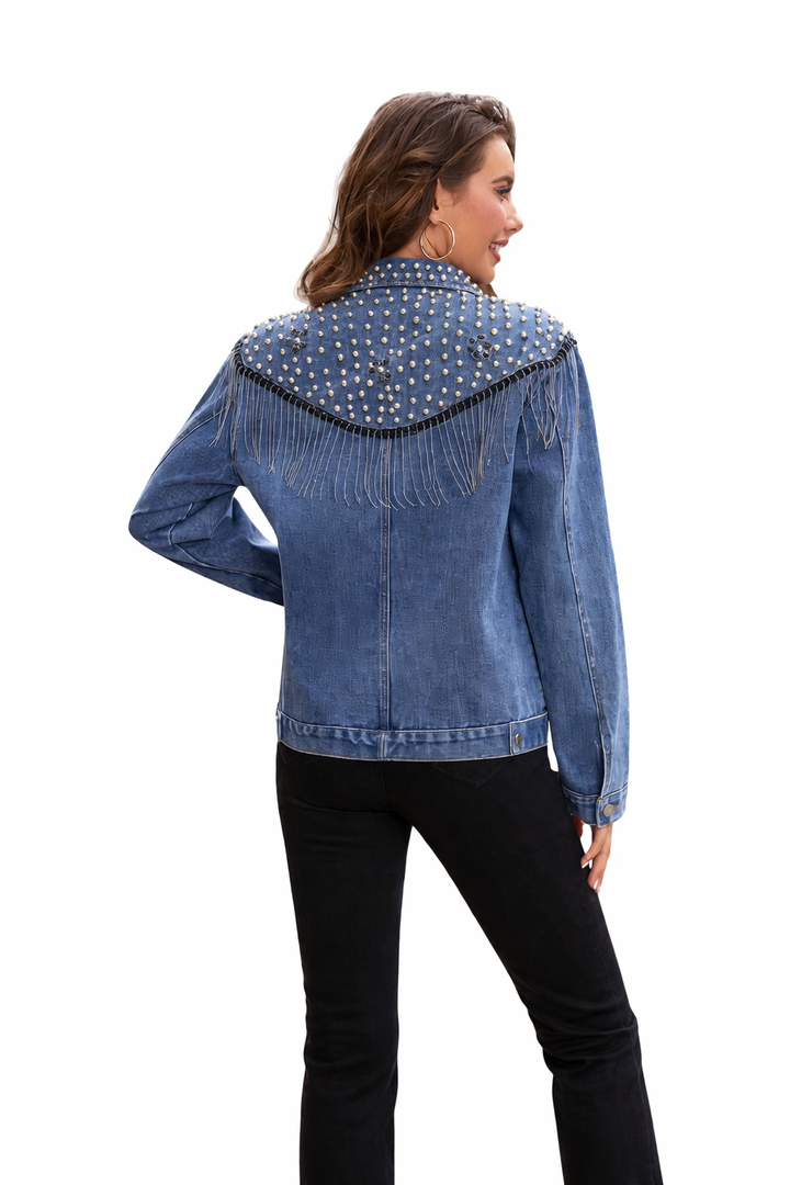 Oxy | Denim Jacket for Women with Pearl Details and Fringes