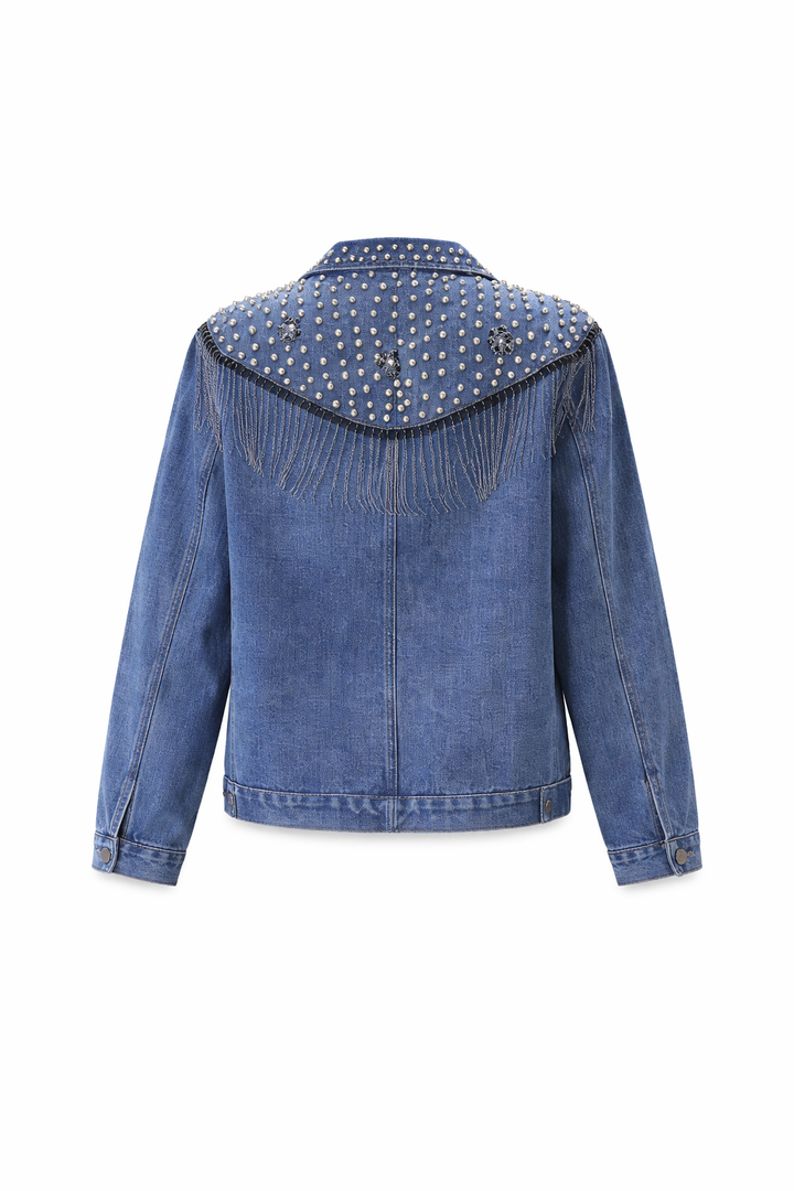 Oxy | Denim Jacket for Women with Pearl Details and Fringes