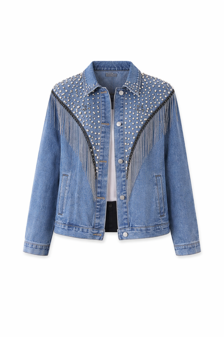 Oxy | Denim Jacket for Women with Pearl Details and Fringes