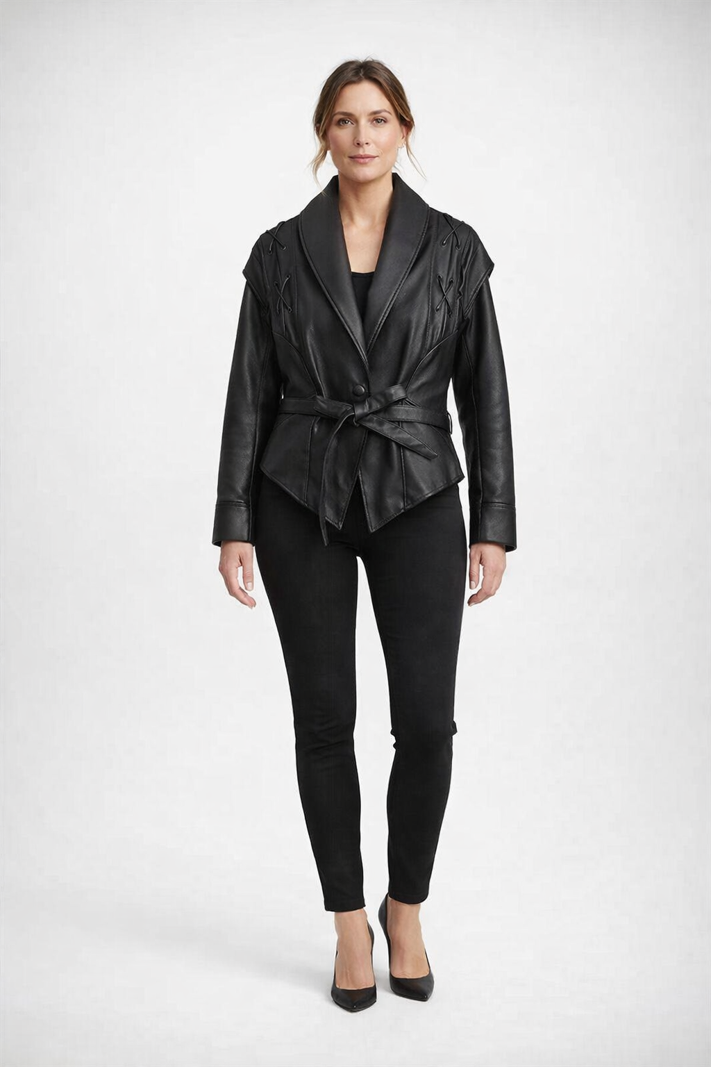 Madée | Black Leather Look Ladies Blazer with Bow Belt and Shoulder Details