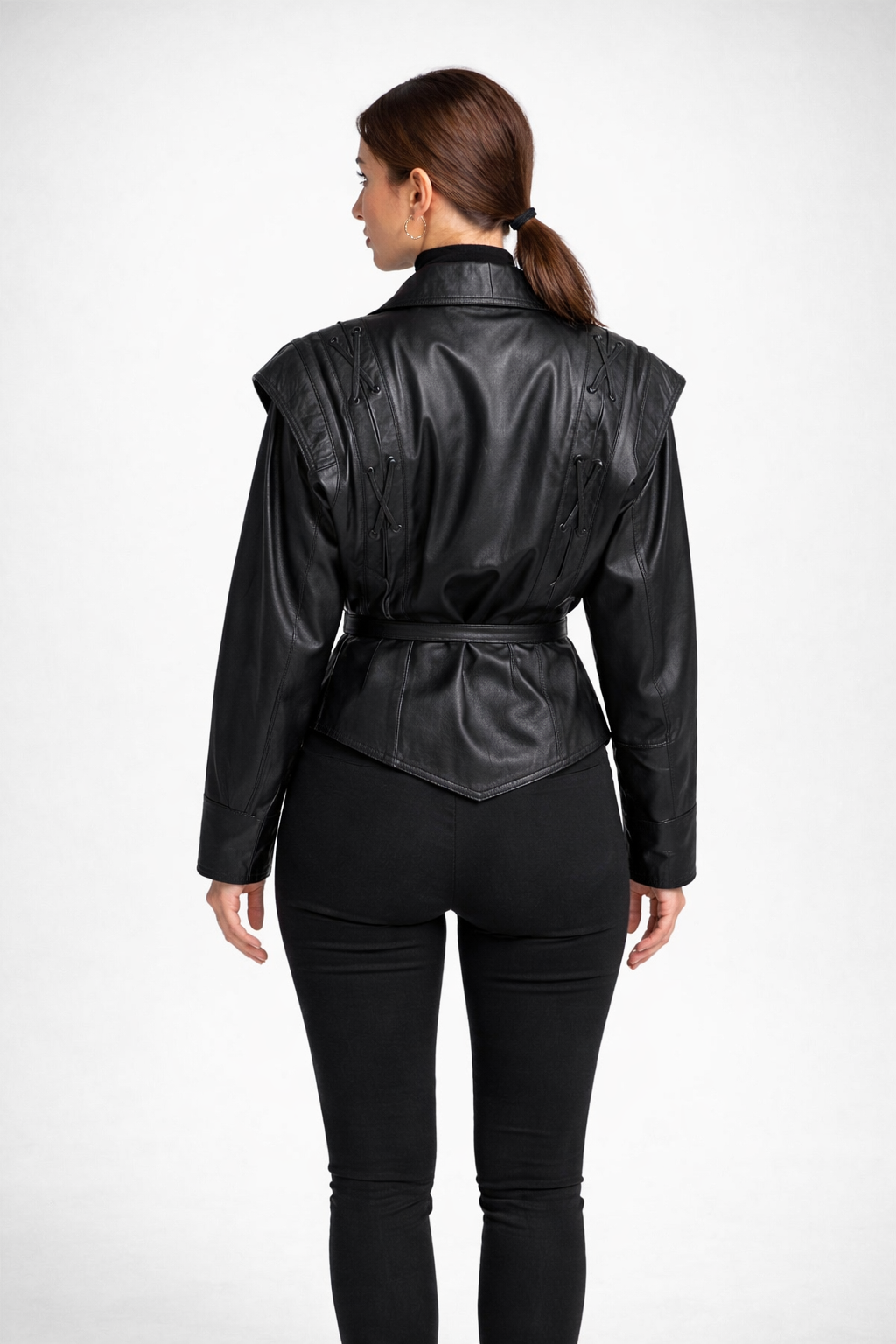 Madée | Black Leather Look Ladies Blazer with Bow Belt and Shoulder Details