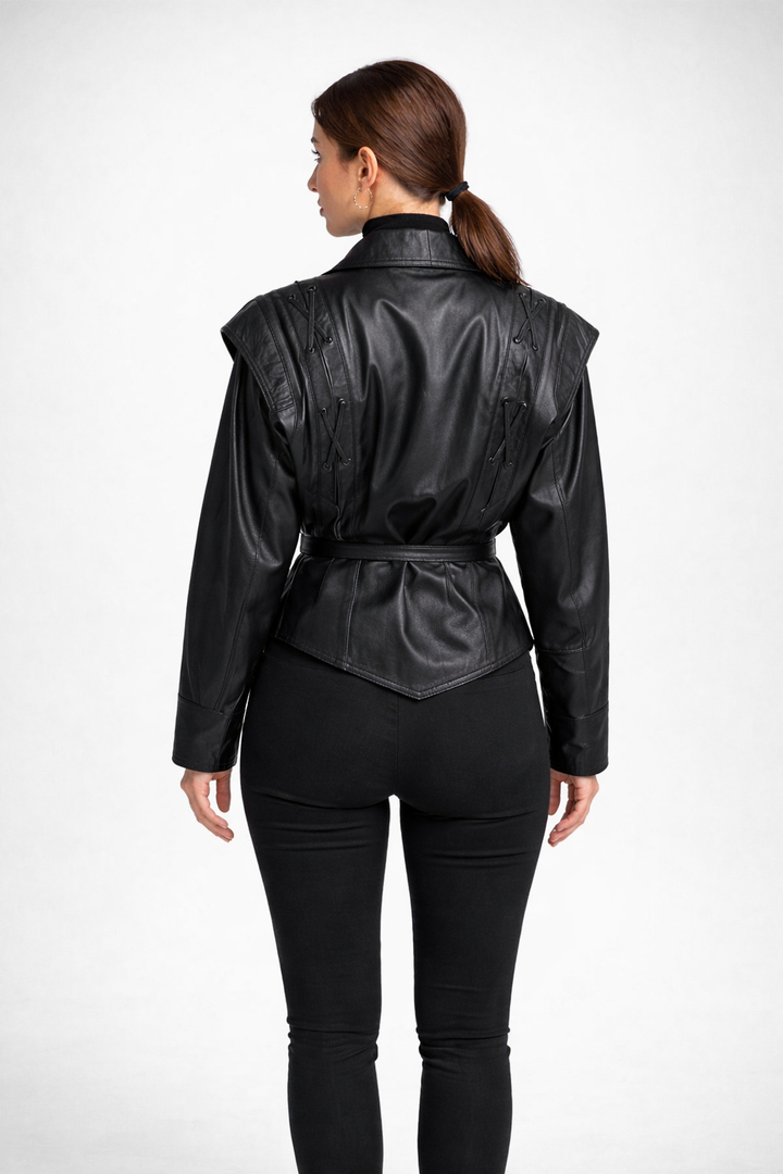Madée | Black Leather Look Ladies Blazer with Bow Belt and Shoulder Details
