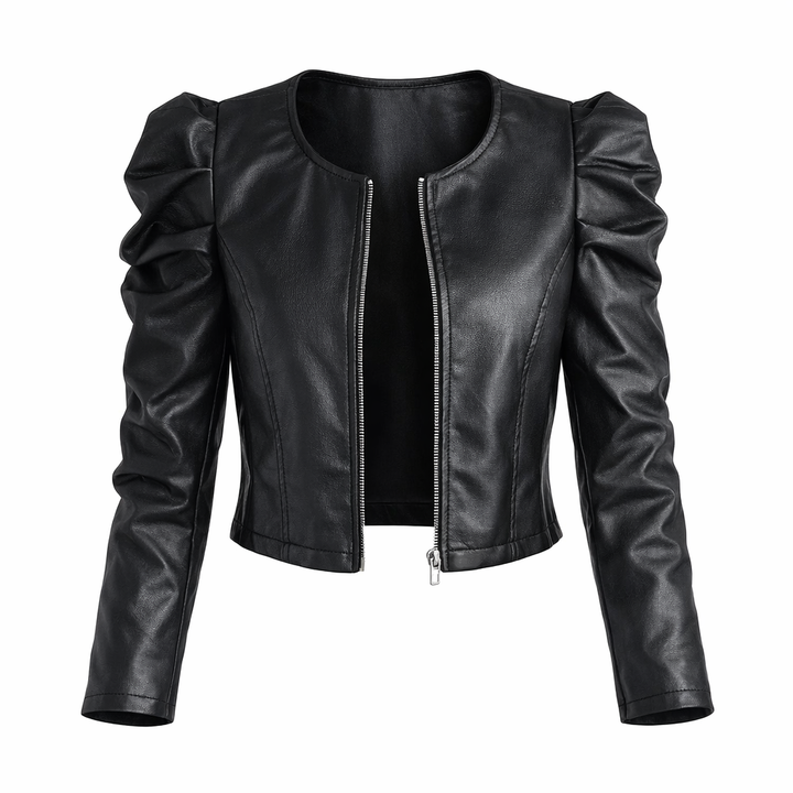 Aivy | Leather Jacket with O-Neck and Ribbed Puff Sleeves