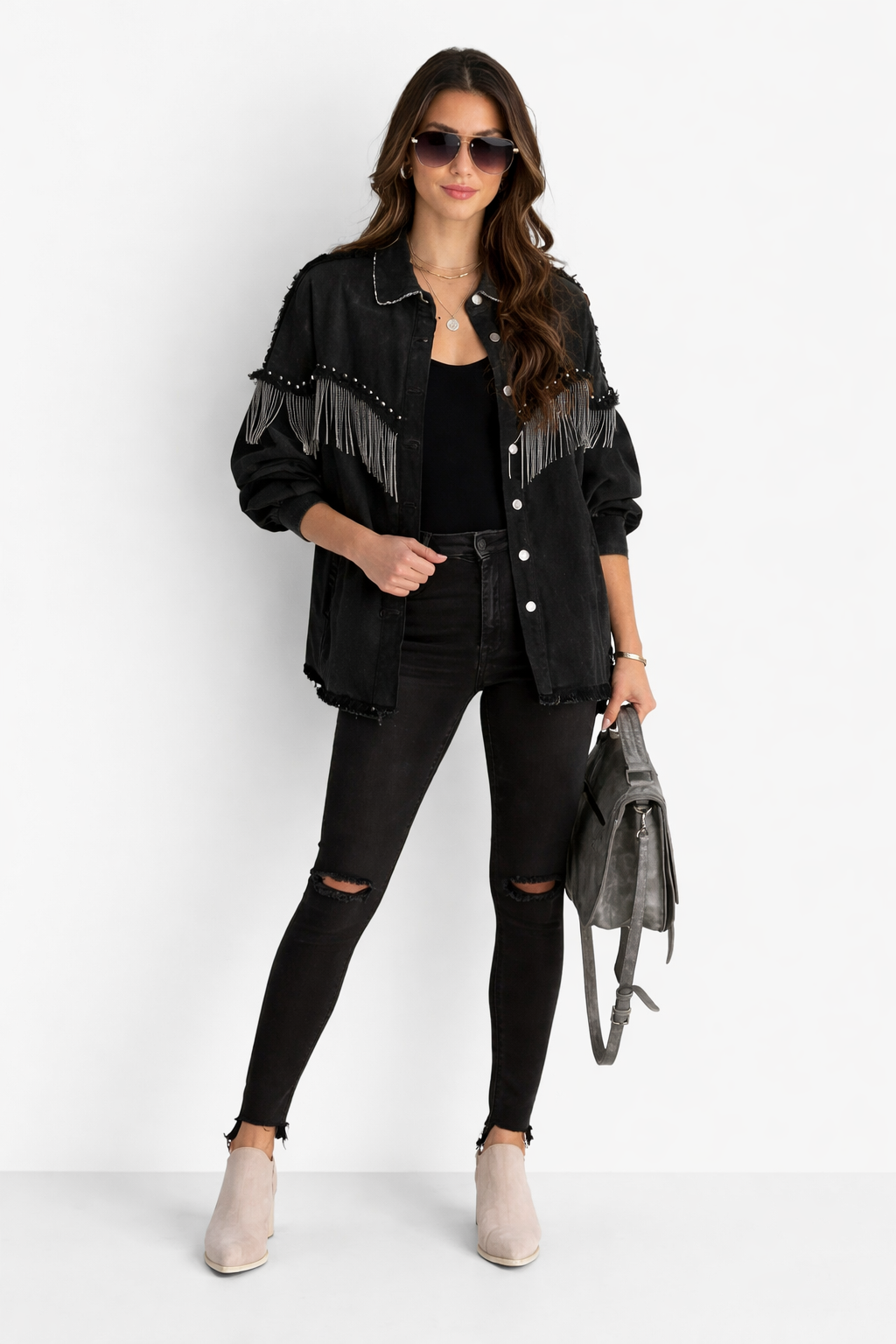 Mint | Boho Denim Jacket for Women – With Fringes & Studs