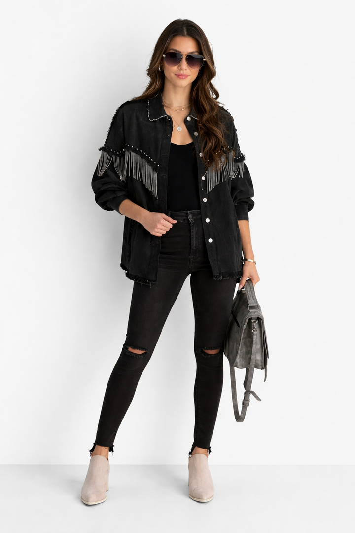 Mint | Boho Denim Jacket for Women – With Fringes & Studs