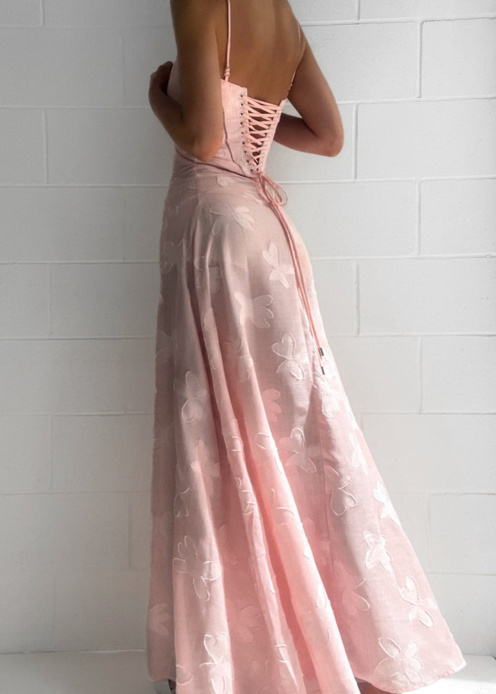 Grazia | Luxe Pink Jacquard Maxi Dress with Corset Back Closure