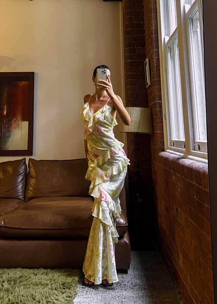 Mea | Yellow Chiffon Maxi Dress with Ruffles
