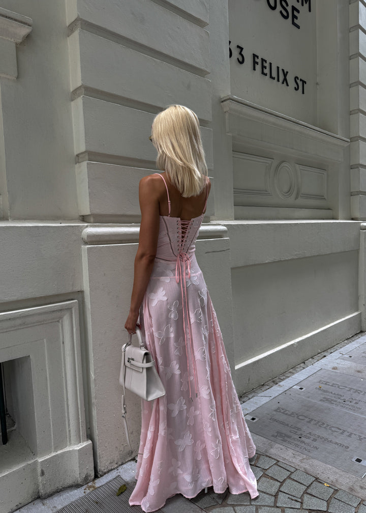 Grazia | Luxe Pink Jacquard Maxi Dress with Corset Back Closure