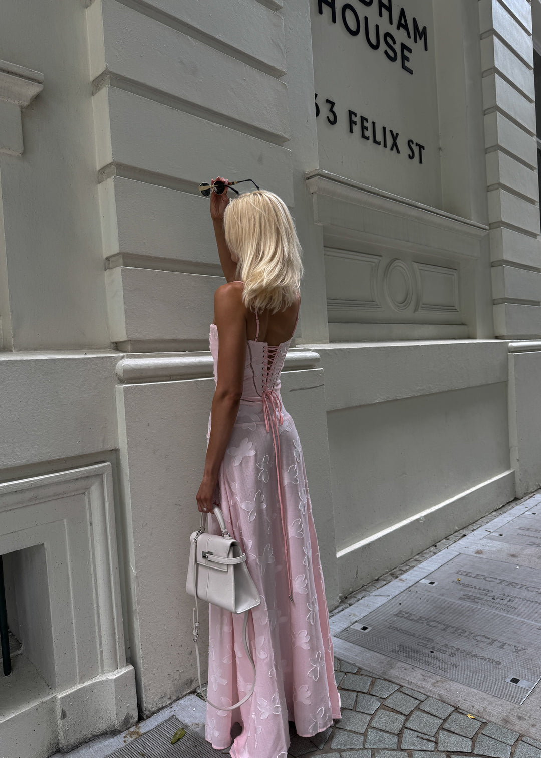 Grazia | Luxe Pink Jacquard Maxi Dress with Corset Back Closure