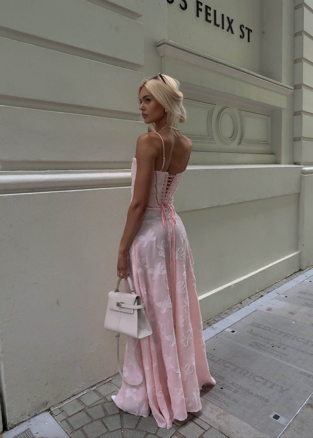 Grazia | Luxe Pink Jacquard Maxi Dress with Corset Back Closure