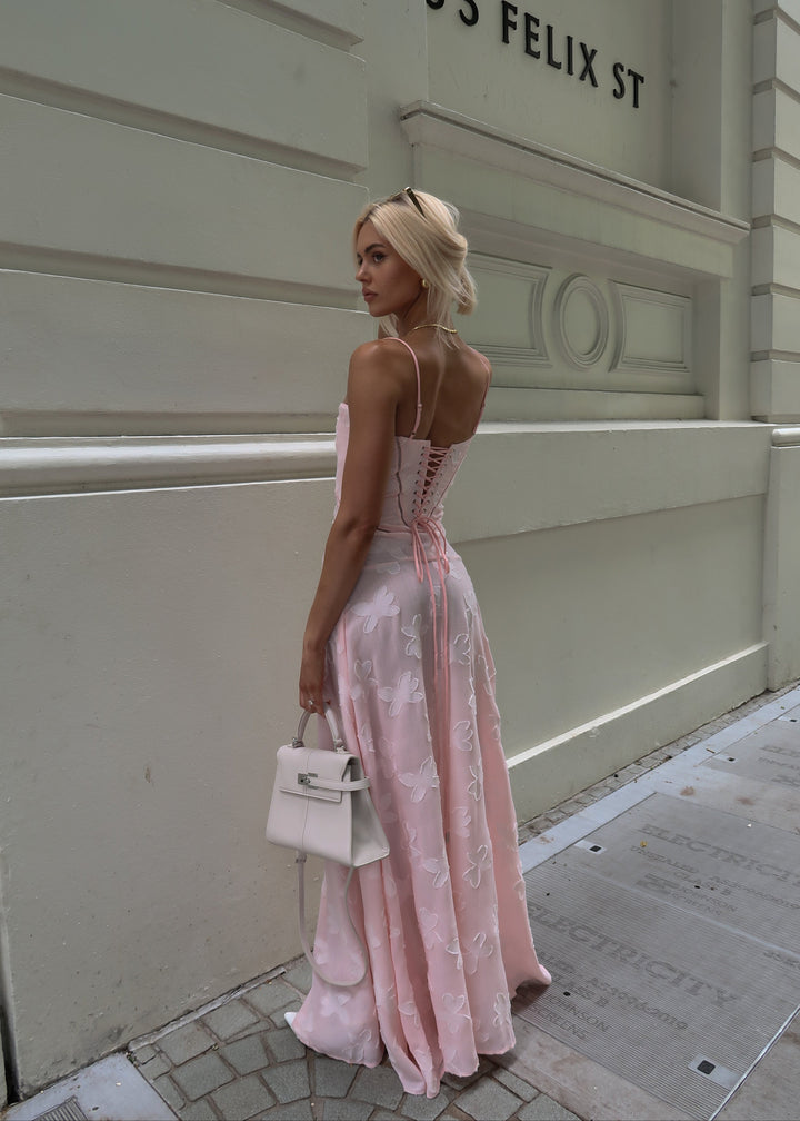 Grazia | Luxe Pink Jacquard Maxi Dress with Corset Back Closure