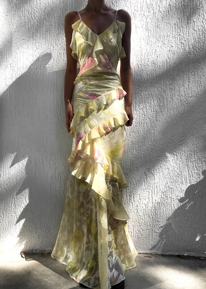 Mea | Yellow Chiffon Maxi Dress with Ruffles
