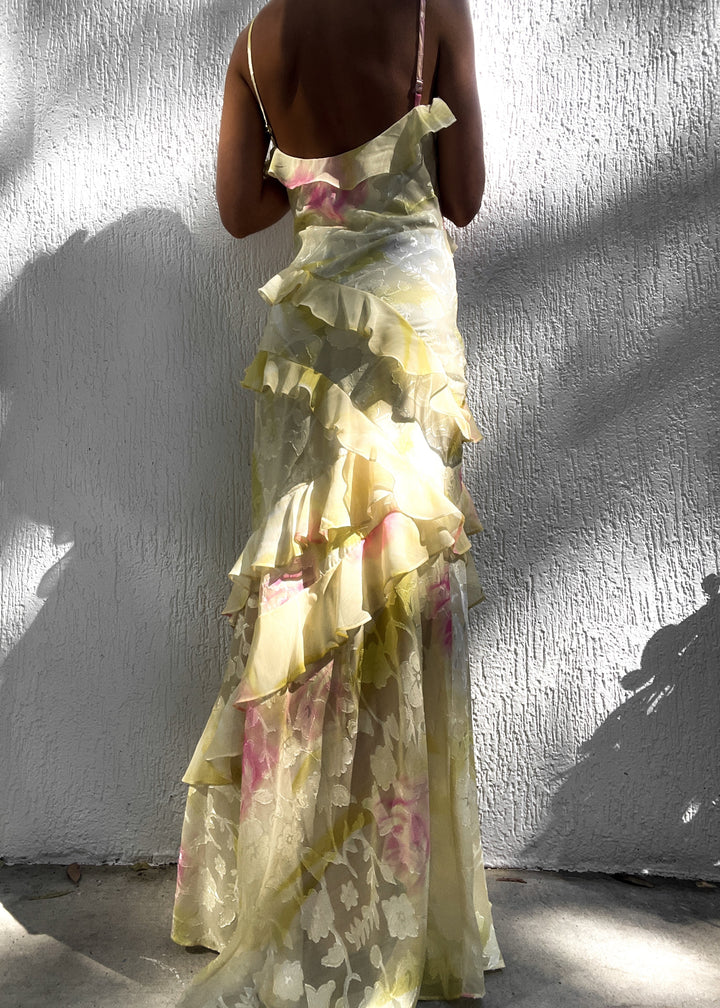 Mea | Yellow Chiffon Maxi Dress with Ruffles