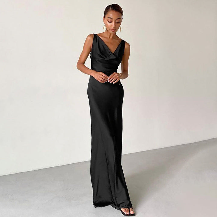 Yenthe | Satin Slim Fit Evening Dress - Draped Neckline
