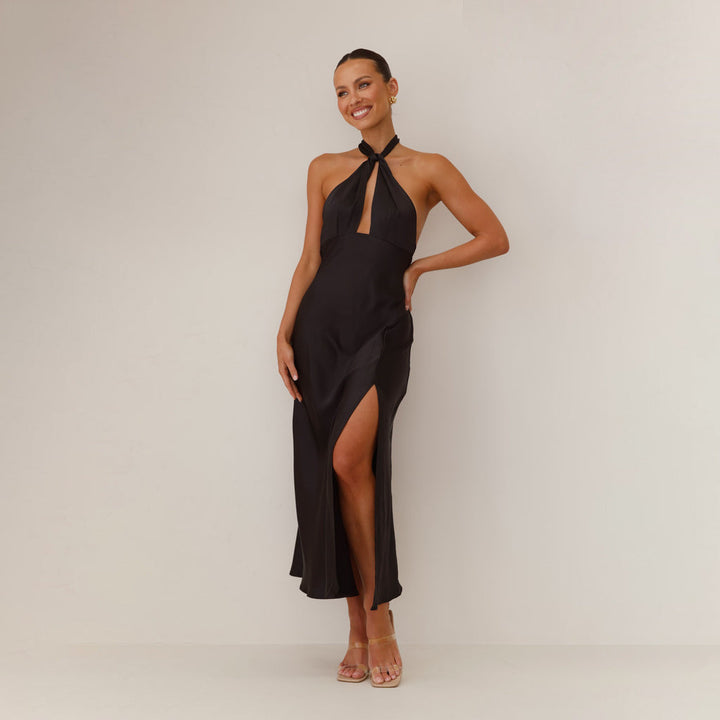 Nishel | Satin Maxi Halter Dress with Split