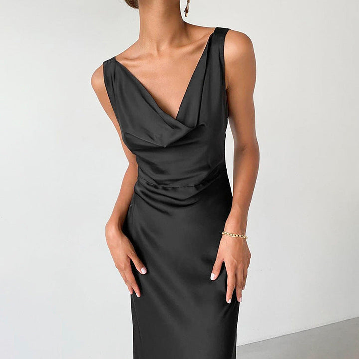 Yenthe | Satin Slim Fit Evening Dress - Draped Neckline
