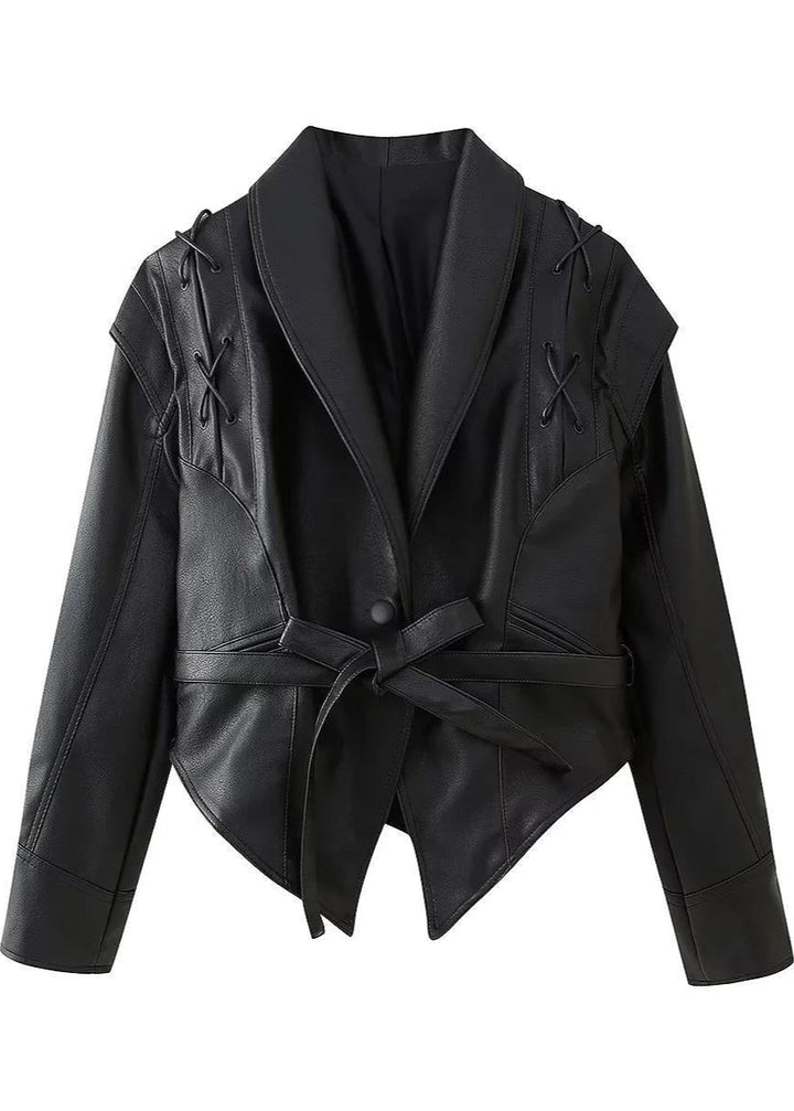 Madée | Black Leather Look Ladies Blazer with Bow Belt and Shoulder Details