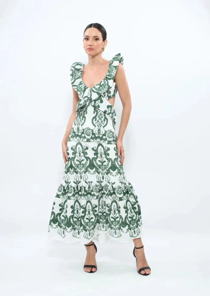Amalia | Long Cotton Summer Dress with Open Back – White-Green