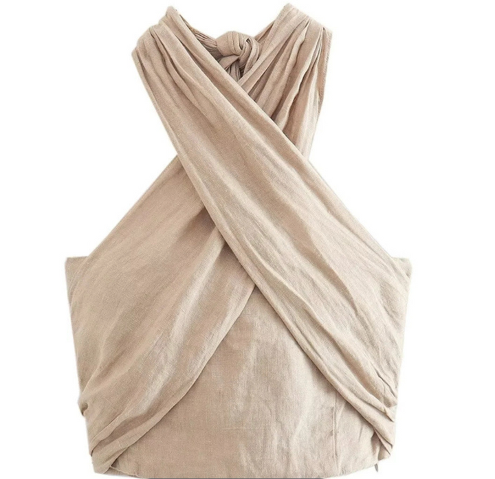 Sunnie | Beige Halter Crop Top for Women - Crisscross Design