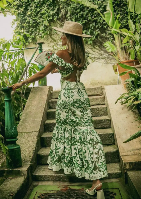 Amalia | Long Cotton Summer Dress with Open Back – White-Green