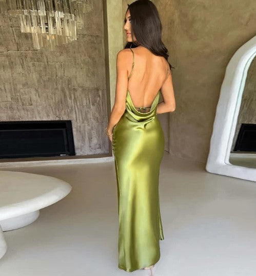 Miljuska | Satin Maxi Dress with Open Back and High Split