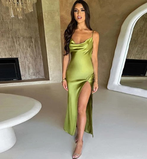 Miljuska | Satin Maxi Dress with Open Back and High Split