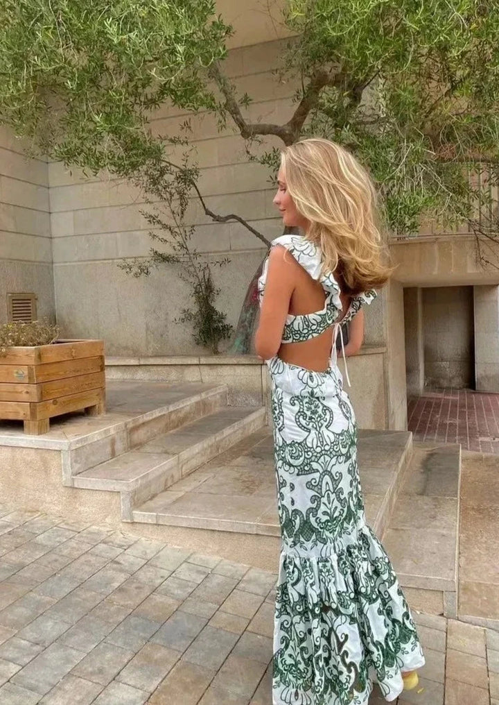 Amalia | Long Cotton Summer Dress with Open Back – White-Green
