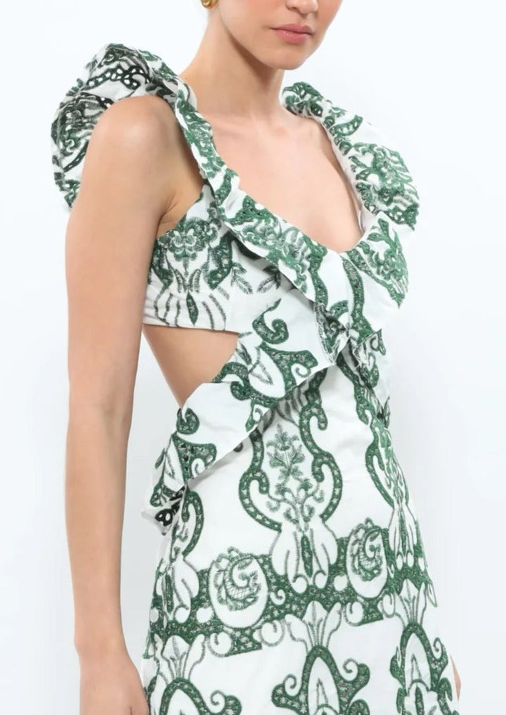 Amalia | Long Cotton Summer Dress with Open Back – White-Green