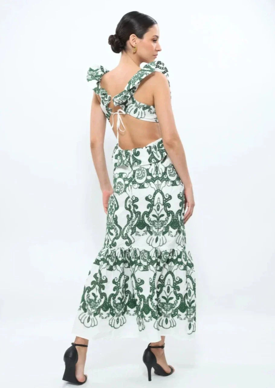 Amalia | Long Cotton Summer Dress with Open Back – White-Green